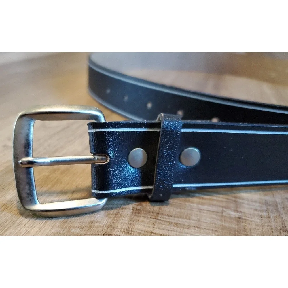 Lucien Piccard Genuine‎ Leather Belt Size 38 40 Black White Stripe Argentina